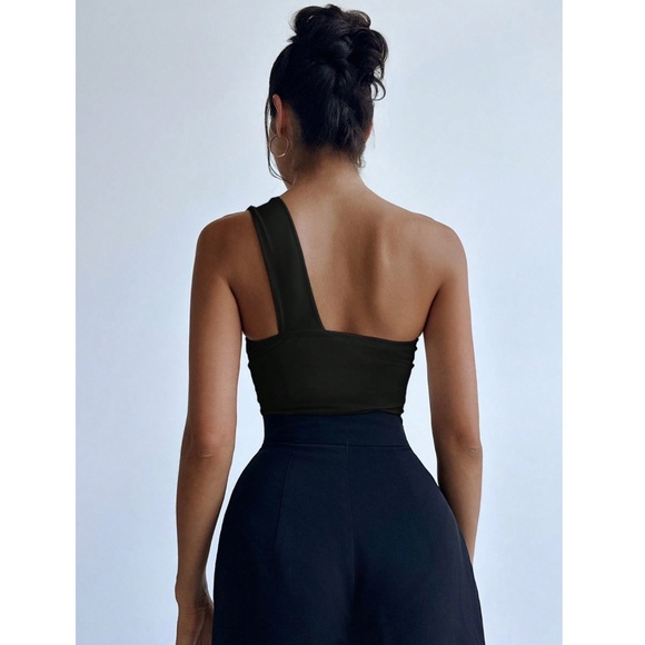 Black Large Bow One Shoulder Bodysuit Slim Fit Asymmetrical - Picture 5 of 14